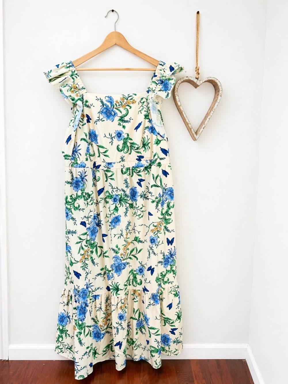 London Times Floral Ruffle Maxi Dress Cream Blue Green Cottagecore Sundress 16W